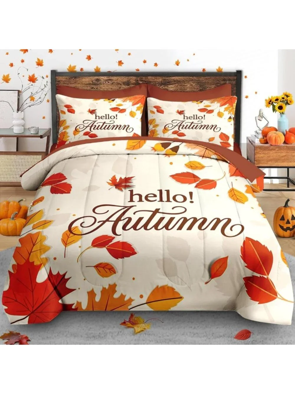 Cozy Queen Fall Comforter Set with Sheets, 7-Piece Bedding Ensemble for Autumn